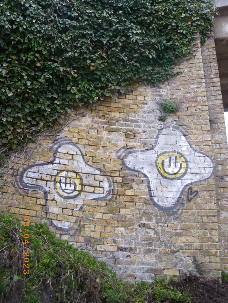 Two graffiti fried eggs with yellow smiley face centers painted on a yellow brick wall beneath overhanging ivy.
