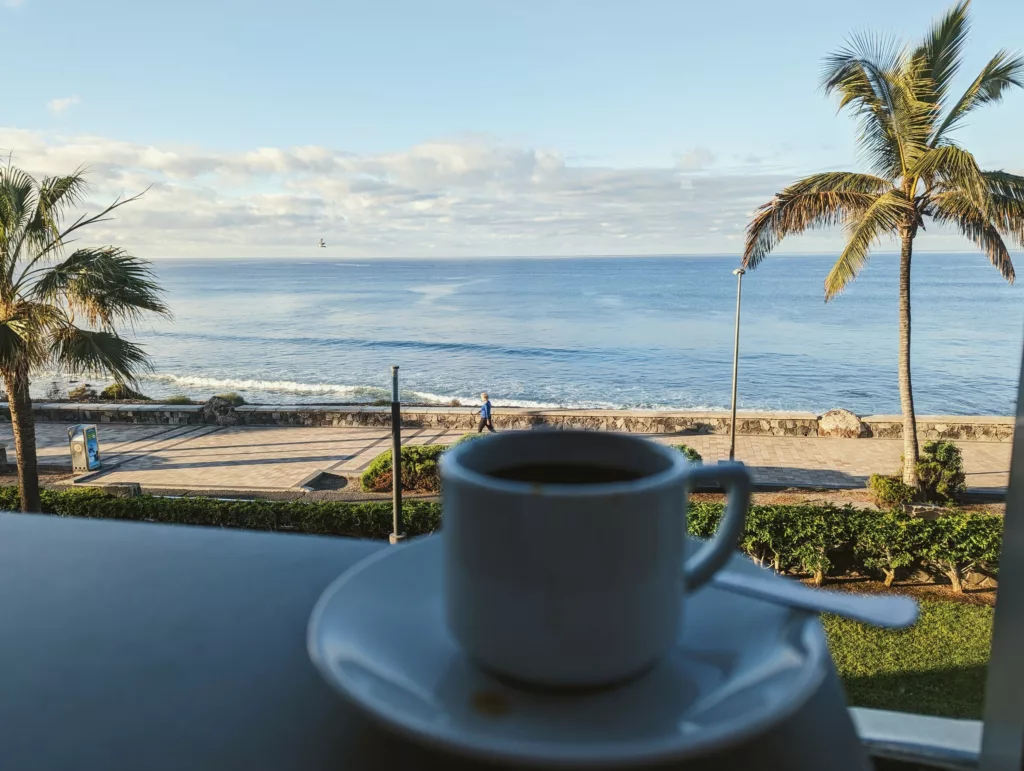 A small white coffee cup on a balcony overlooking a promenade and the ocean, framed by palm trees under a cloudy blue sky.