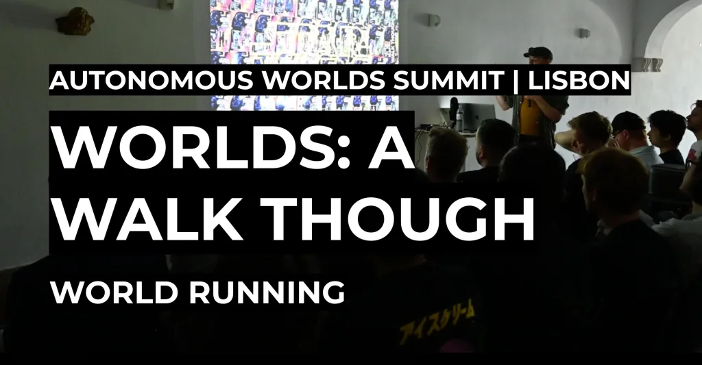 Featured image for Worlds: A Walk Though - a speaker presenting to a seated audience at the Autonomous Worlds Summit in Lisbon.