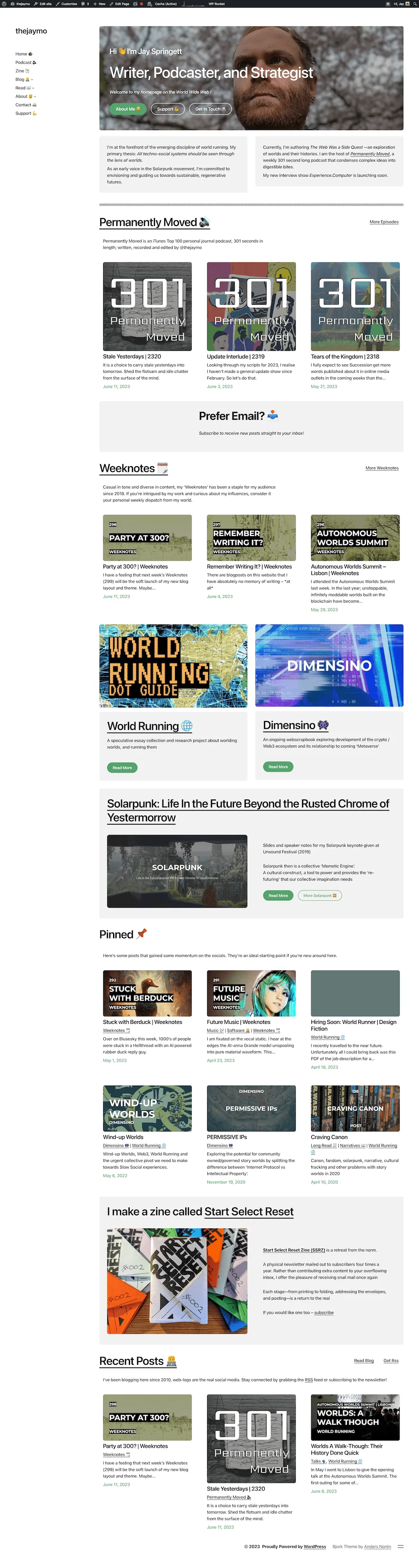 Screenshot of the thejaymo.net homepage from June 2023. The site features a hero section for Jay Springett, "Writer, Podcaster, and Strategist", followed by sections for the Permanently Moved podcast, Weeknotes blog, projects like World Running and Dimensino, and a zine titled Start Select Reset.