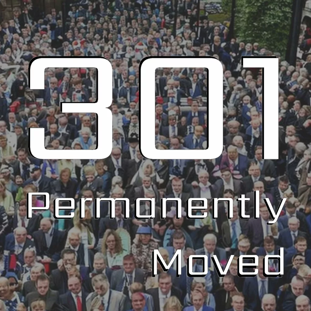 301 permanently moved podcast cover - Large white text reading 301 Permanently Moved over a dense, overhead photo of a large crowd of people.