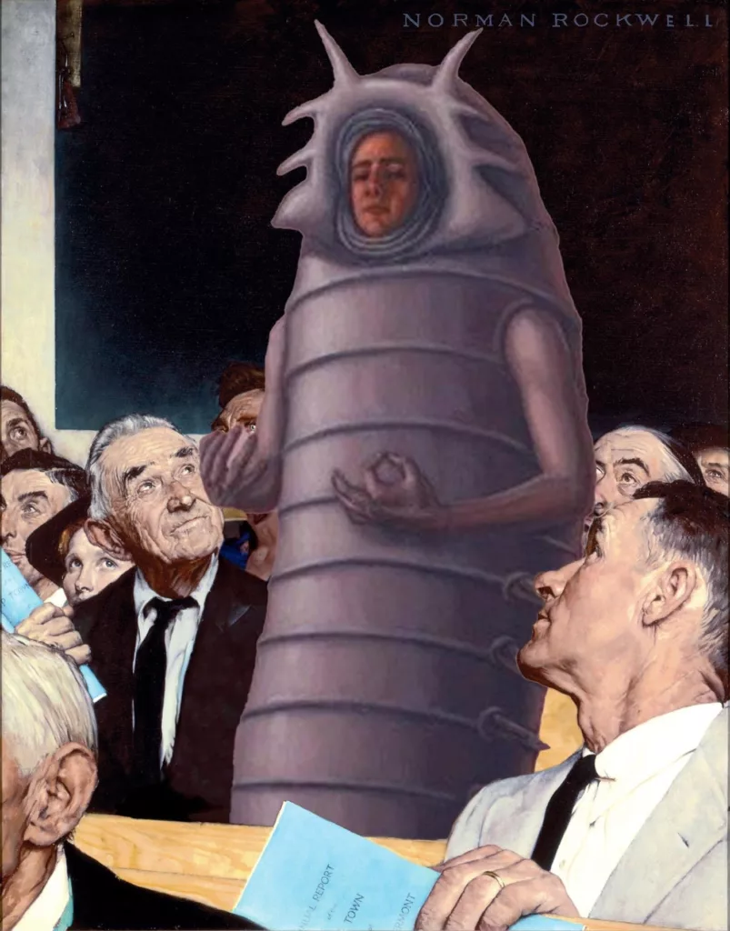 Meme of the the God Emperor of Dune segmented worm standing to speak in a crowd, parodying Norman Rockwell's Freedom of Speech painting.