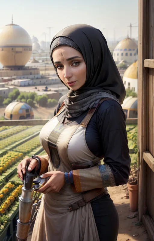 A woman in a hijab and apron on a rooftop garden, holding a tool and overlooking a futuristic desert city with large dome-shaped buildings.