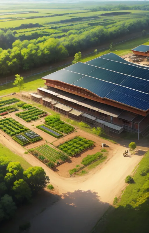 Aerial view of a solar-powered farm building with organized vegetable garden plots and lush green fields in bright sunlight.