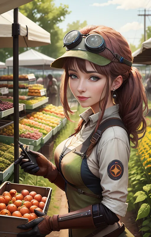 A woman in a utility apron and goggles on her cap holds a crate of fruit at a sunny outdoor produce market.