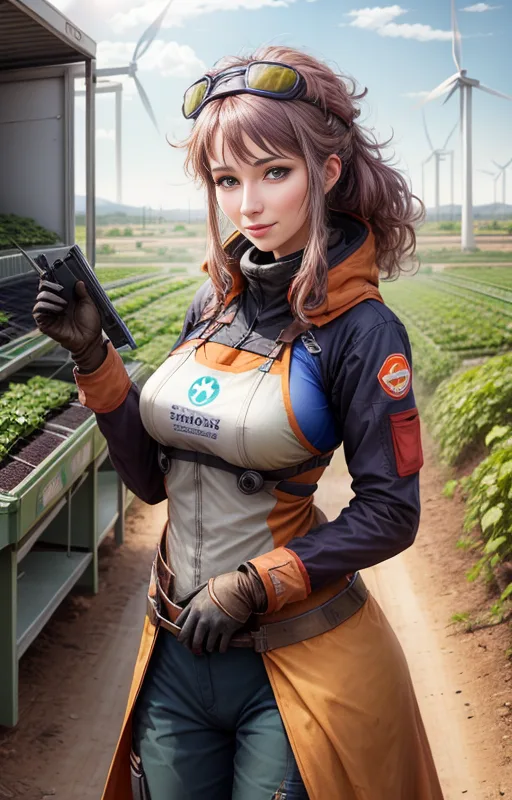 A woman in solarpunk utility gear and goggles holds a tablet in a field of crops with wind turbines under a bright sky.