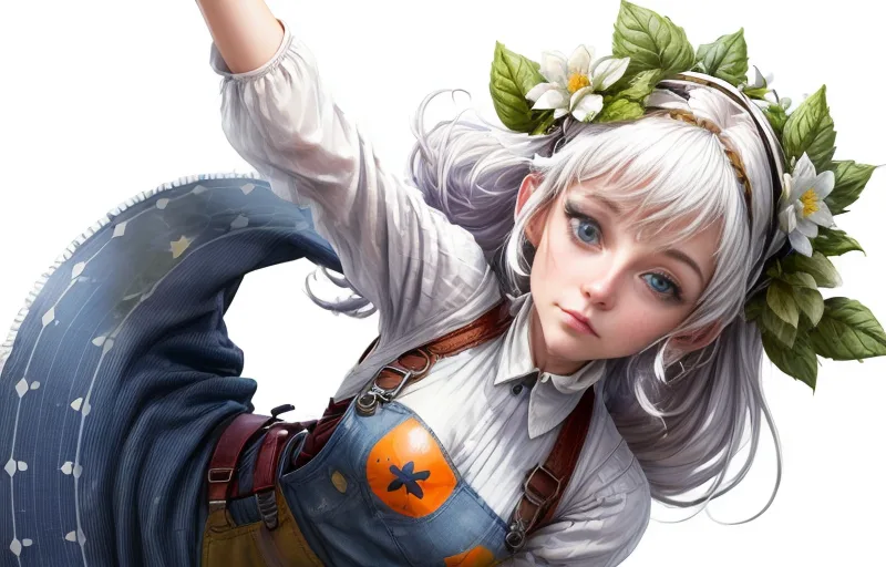 A girl with white hair and blue eyes wearing a crown of white flowers and green leaves, dressed in blue overalls on a white background.