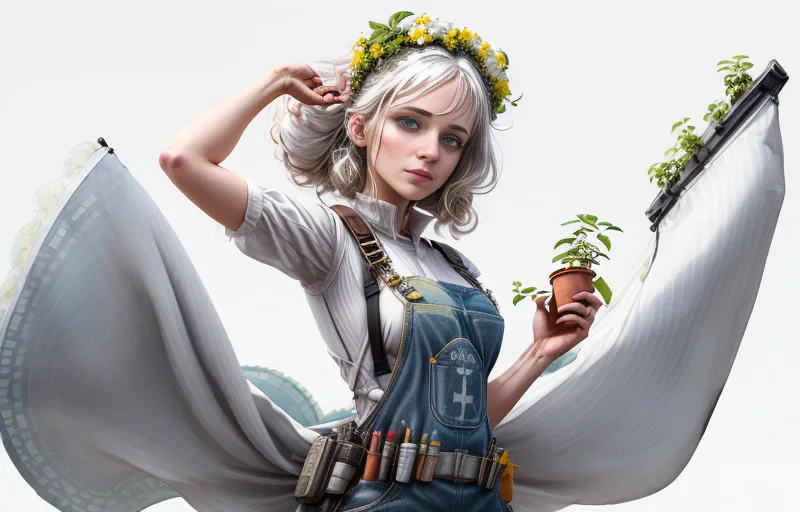 Digital art of a white-haired woman in a flower crown and denim overalls holding a potted plant, with large white fabric wings.