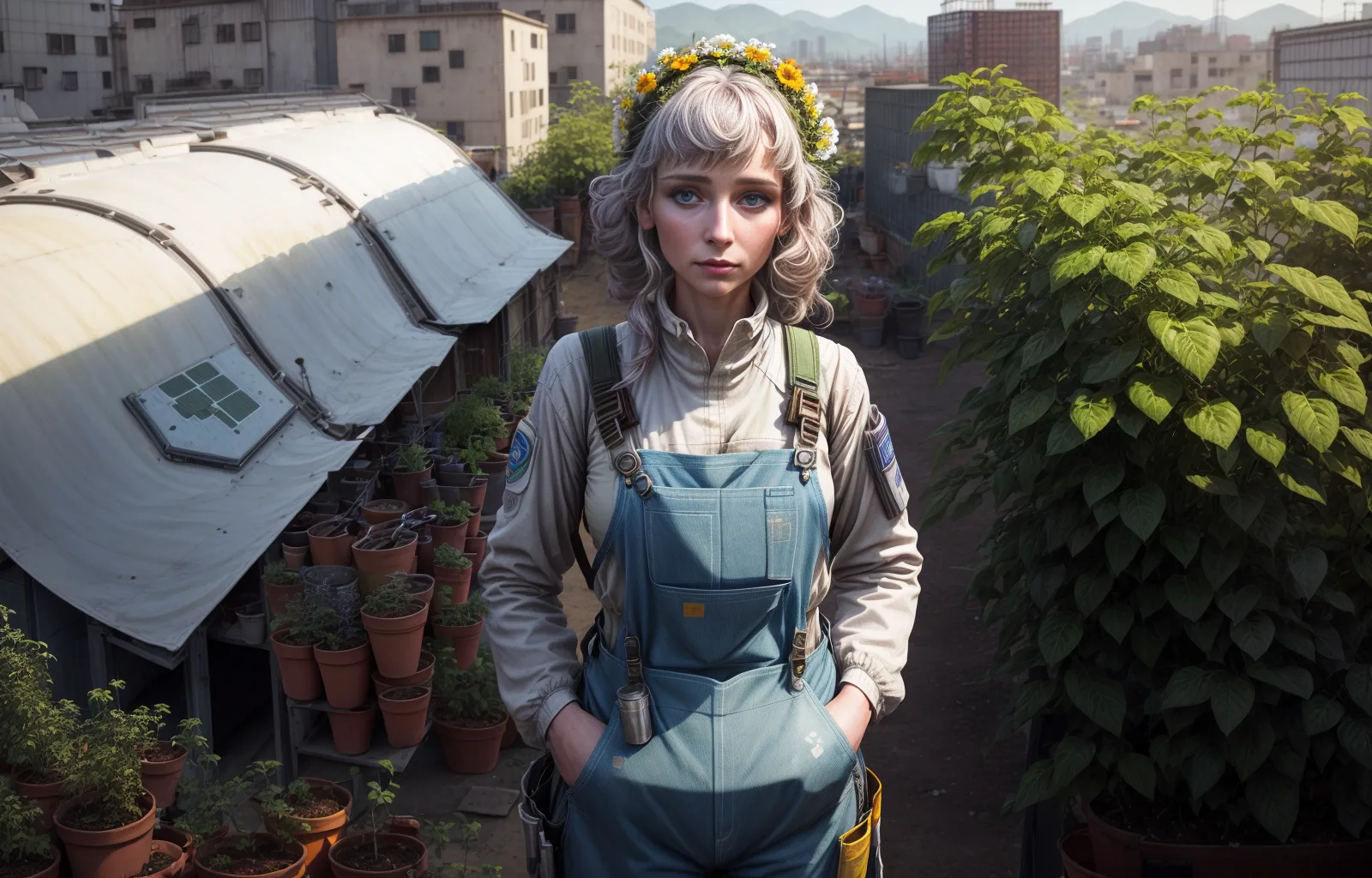 A woman with silver hair and a flower crown in blue overalls, standing in an urban rooftop garden surrounded by greenhouses and potted plants.