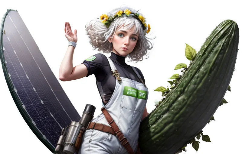Solarpunk anime girl with white hair and flower crown, carrying a giant cucumber next to a large curved solar panel.
