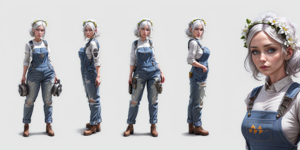 Character design sheet of a white-haired woman in denim overalls and a flower crown, with multiple full-body views and a close-up portrait.