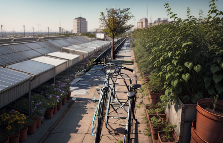 A bicycle parked on a narrow rooftop path lined with solar panels and lush green garden planters overlooking a city skyline.