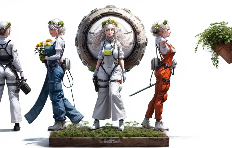 Four futuristic female gardeners in jumpsuits and flower crowns standing on a grassy platform.
