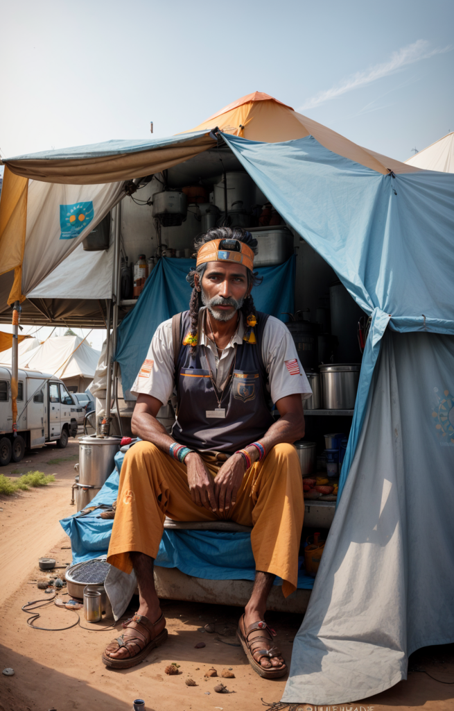 A man with a grey beard and orange headband sitting before a blue and yellow canvas tent filled with metal cookware in a desert camp.