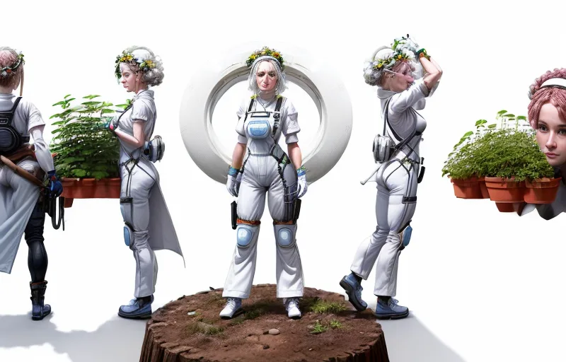 Character concept art of a woman in white sci-fi overalls and a flower crown, shown from multiple angles while holding trays of seedlings.