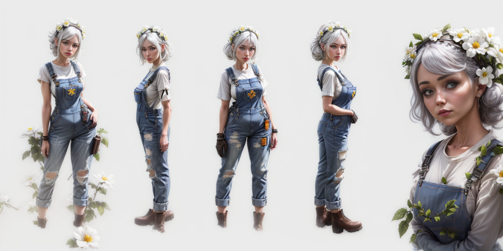 Silver-haired woman in distressed denim overalls and a flower crown, depicted in several character poses and a close-up portrait.