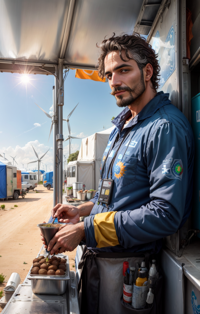 A bearded man in a blue jumpsuit uses a funnel to prepare small fruits at an outdoor stall in a sunlit desert camp with wind turbines.