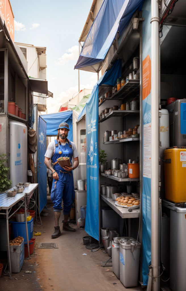 A bearded man in blue overalls stands in a narrow alleyway lined with blue tarps and shelves filled with metal containers and food.