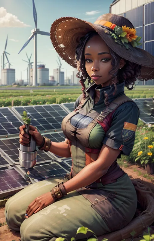 A Black woman in a straw hat and utility suit kneeling in a garden of solar panels and wind turbines in a bright solarpunk setting.