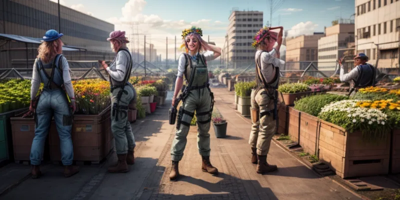 Workers in utility overalls and floral headpieces tending to large planters on a sunny rooftop garden with industrial buildings behind them.