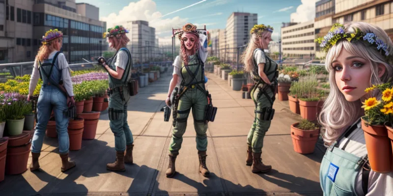Multiple young women in floral crowns and denim overalls stand in a sunny rooftop garden with potted plants and a city skyline background.