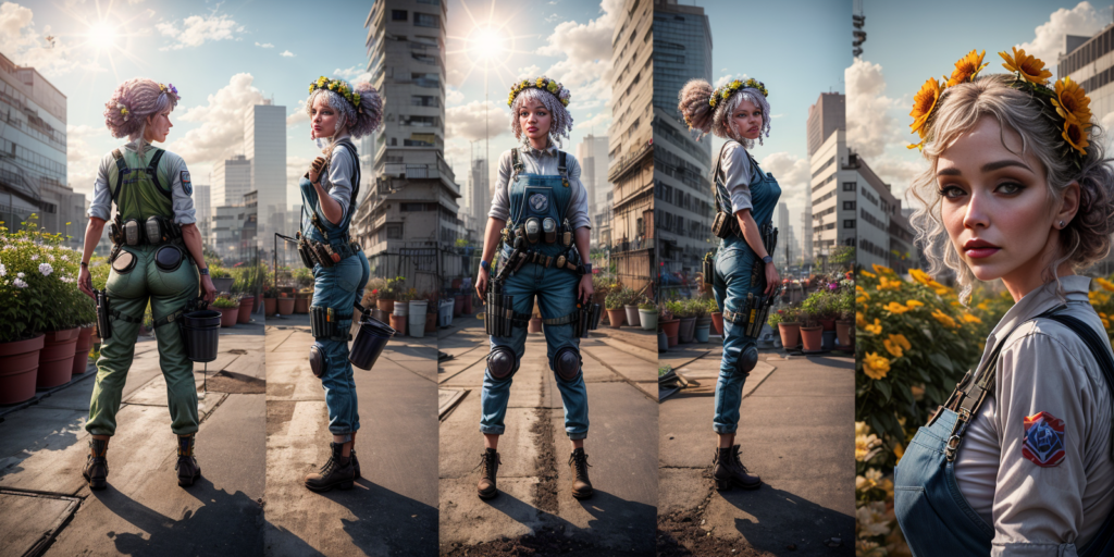 A woman in denim overalls, tactical gear, and a sunflower crown on a sunny urban rooftop garden, shown from five different angles.
