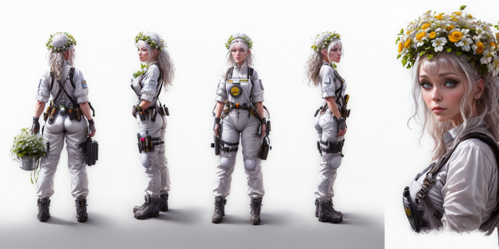 Character turnaround of a silver-haired woman in a white tactical jumpsuit wearing a crown of yellow and white flowers against a white background.