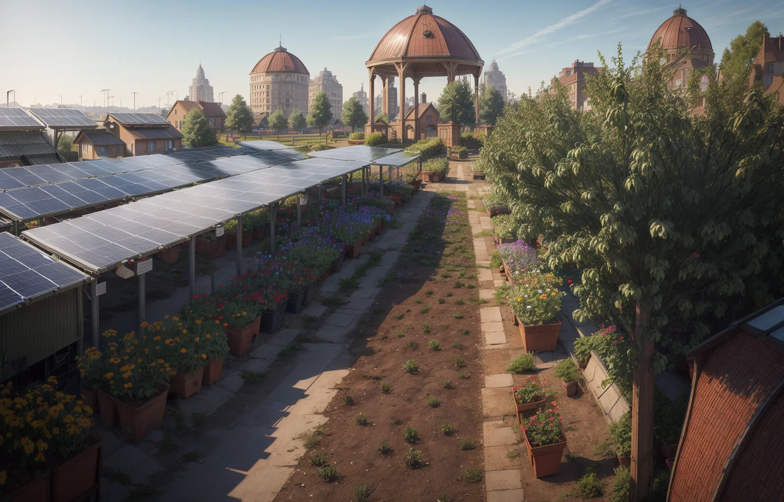 Potted flowers growing under solar panel canopies in an urban garden with domed buildings and a gazebo in the background.