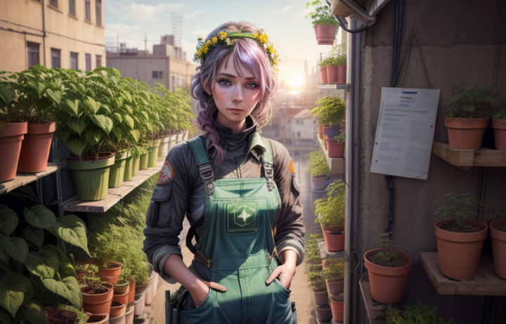 Lavender-haired woman in green overalls and a flower crown, standing among rows of potted plants in a sunny urban garden.