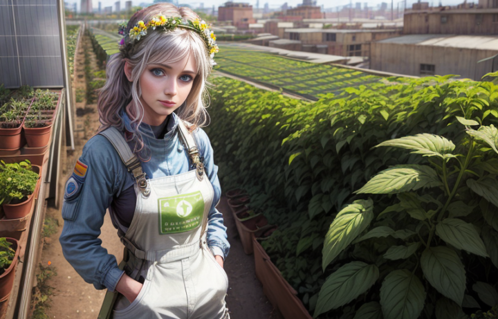 A woman wearing a flower crown and white overalls in a lush urban rooftop garden with a city skyline in the background.