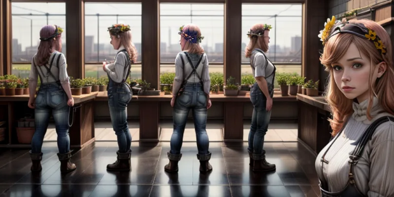 Multiple perspectives of a young woman in denim overalls and a flower crown inside a sunlit greenhouse filled with potted plants.