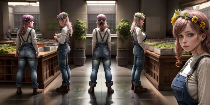 Multiple views and a close-up of a young woman with pink hair and a flower crown wearing denim overalls in a greenhouse.