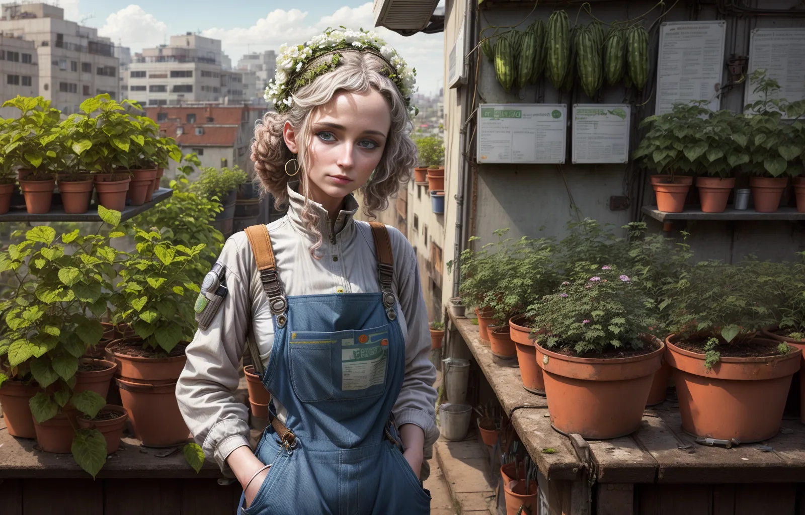 A woman in a floral wreath and blue overalls in a rooftop garden with terracotta pots, overlooking a dense urban skyline.