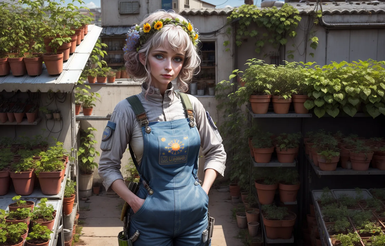 Woman with silver hair and a sunflower crown wearing denim overalls, standing in a rooftop garden filled with rows of terracotta pots.