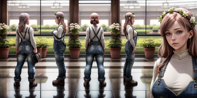 Multiple views of a woman in denim overalls and a flower crown in a sunlit room with potted plants.