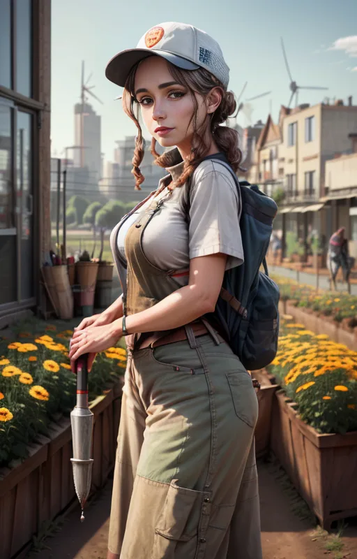 A woman in a white cap and workwear stands in an urban garden of yellow flowers, with city buildings and wind turbines in the background.