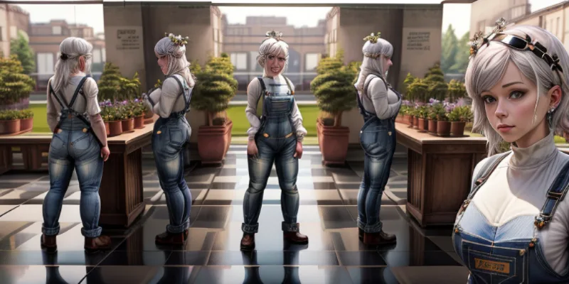 A silver-haired woman in denim overalls shown from multiple angles in a sunlit garden with potted plants and a checkered floor.