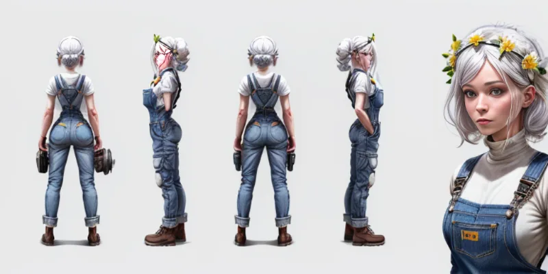 Character sheet of a white-haired woman in denim overalls and a yellow flower crown, showing full-body turnarounds and a close-up portrait.
