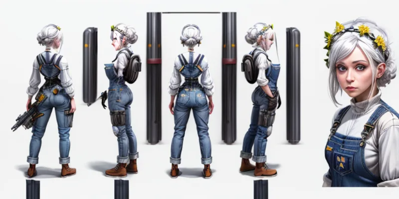 Character sheet of a white-haired woman in blue overalls and a yellow crown, shown from multiple angles with a close-up portrait on the right.