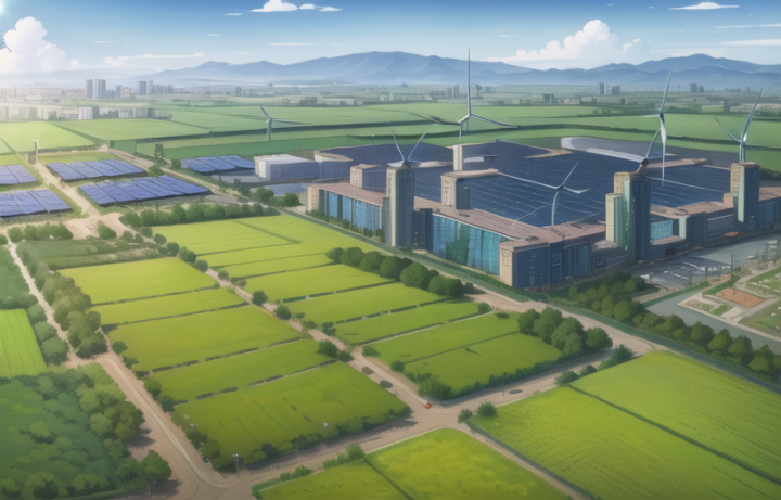 Solarpunk illustration of a sustainable facility with solar panels and wind turbines integrated into green farmland under a clear sky.