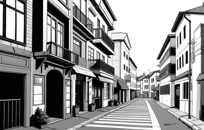 A black and white manga-style illustration of a narrow street with balconied buildings and storefronts.