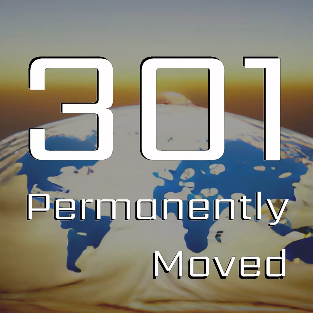 301 permanently moved podcast cover - Text 301 Permanently Moved over a stylized globe with blue continents against a golden sunset sky.