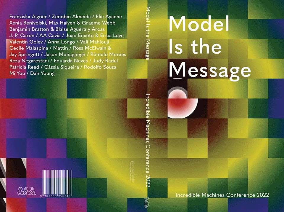 Featured image for Model Is the Message - A flat layout of a book cover with a pixelated, abstract design in shades of yellow, green, and blue.
