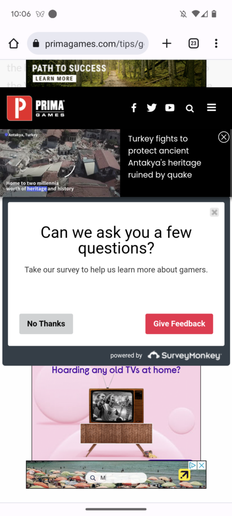 Screenshot of the Prima Games website on a mobile browser, featuring a SurveyMonkey pop-up that reads, "Can we ask you a few questions? Take our survey to help us learn more about gamers." with buttons for "No Thanks" and "Give Feedback.