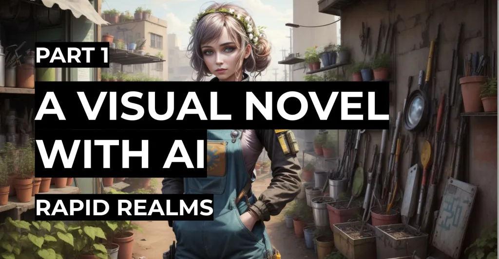Featured image for Rapid Realms - Part 1 - A Visual Novel with AI - an anime-style woman in overalls and a flower crown in a plant-filled workshop.