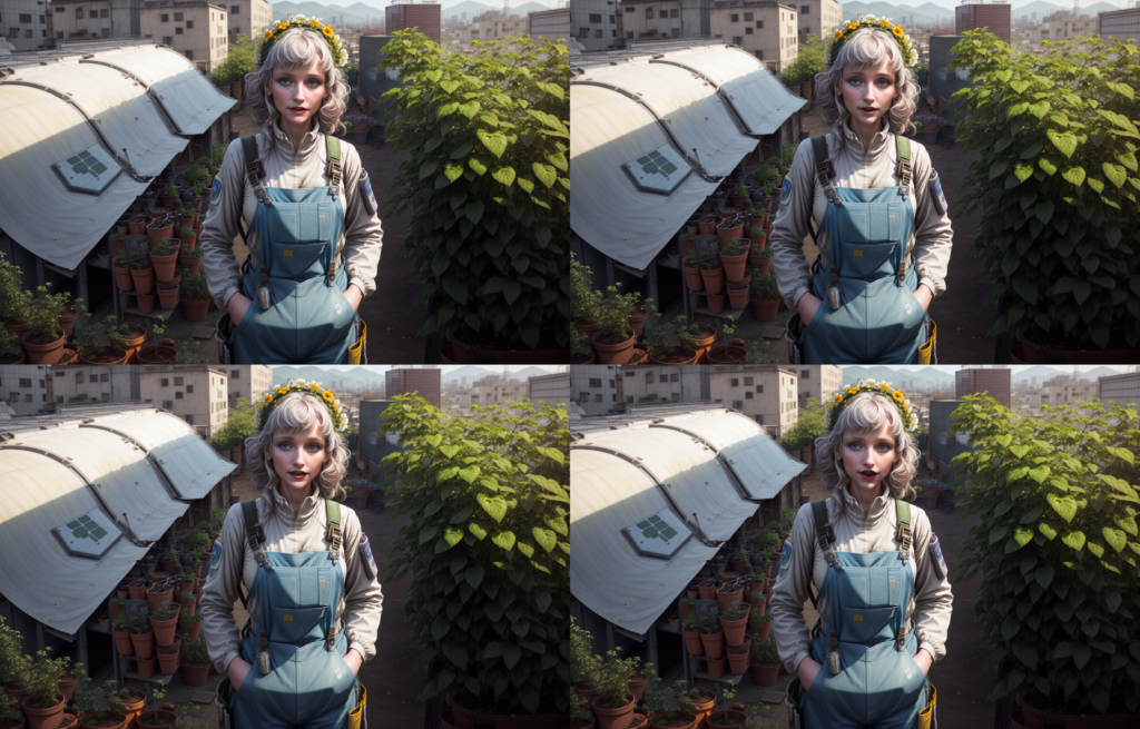 A woman with wavy grey hair and a flower crown in blue overalls, standing in a lush rooftop garden with an urban city background.