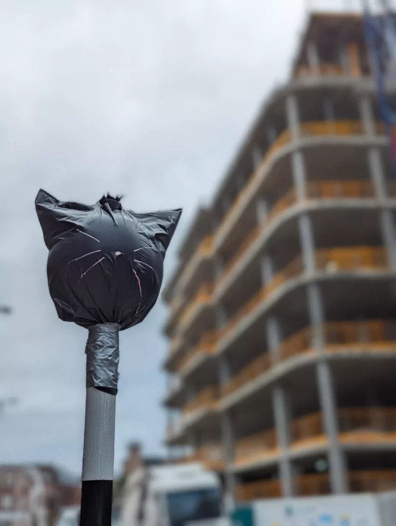 A pole topped with a black plastic bag shaped like a cat's head with whiskers, set against a blurred building under construction.