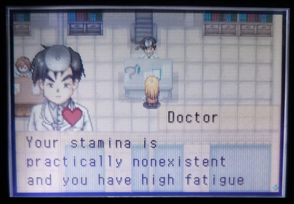 Screenshot of a retro RPG game showing a dialogue box from a character named Doctor that reads, "Your stamina is practically nonexistent and you have high fatigue.