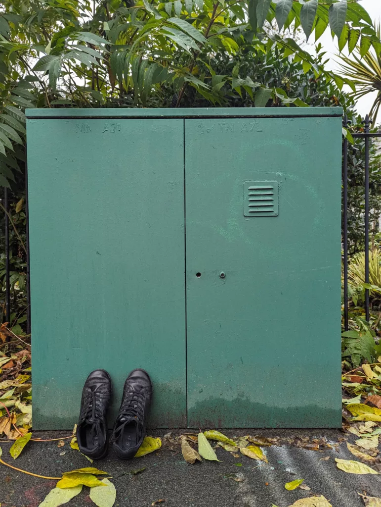 Pair of black trainers sitting at the base of a green utility box on a pavement covered in fallen yellow leaves.