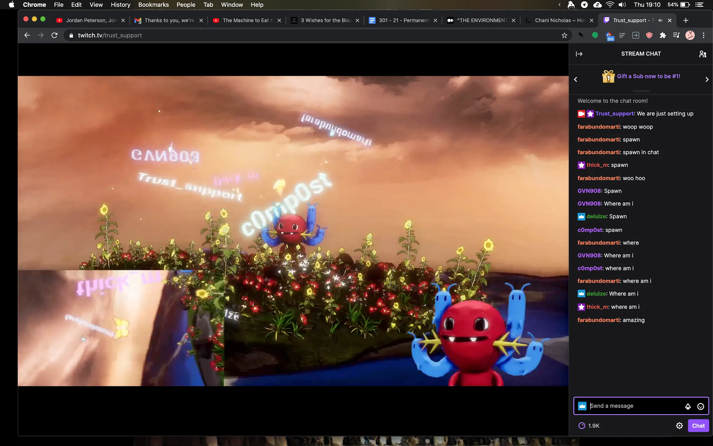 Screenshot of a Chrome browser window showing a Twitch stream from the channel trust_support. The video features a surreal 3D landscape with red cartoon characters, sunflowers, and floating usernames like c0mp0st and Trust_support. The stream chat on the right shows viewers typing commands like "spawn" and "where am i".